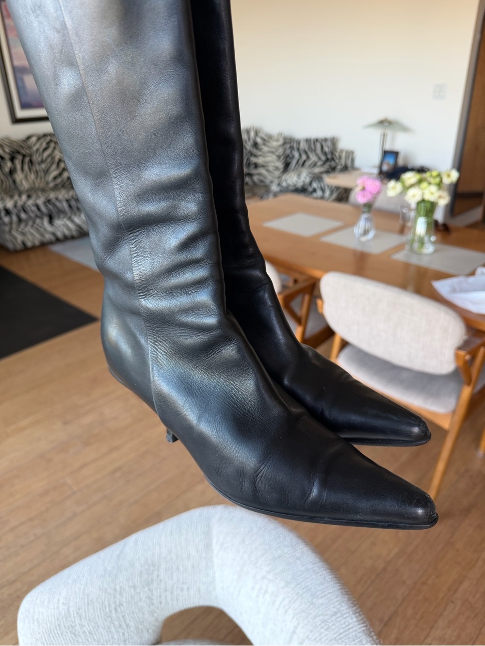 Prada Black Leather Pointed Toe Knee High Kitten Heel Boots - Picture 8 of 12